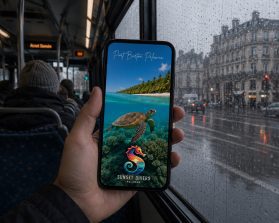 A rainy bus journey with a phone displaying a sea turtle in Port Barton, Palawan, inspiring a first scuba diving adventure.