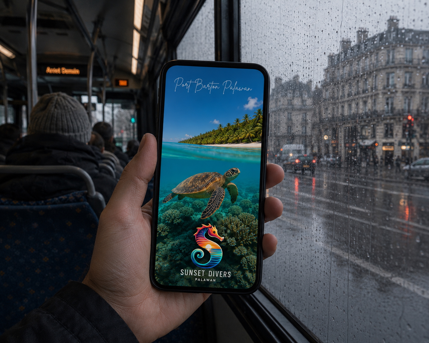 Phone screen in a rainy European bus showing Port Barton beach and a sea turtle